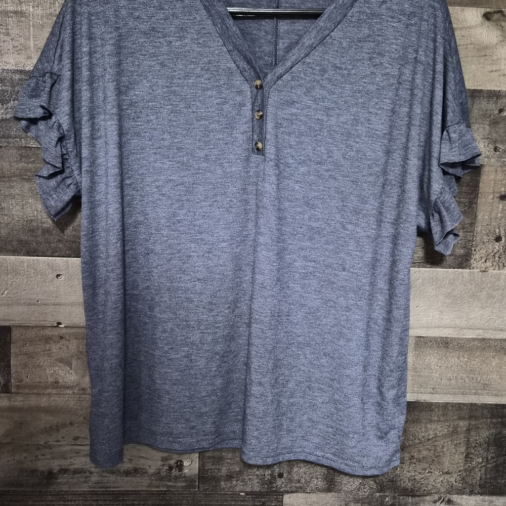 SHEIN Heather Blue Buttoned Ruffle Sleeve Tee